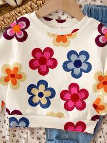 SHEIN Happikins Cream White, Cute Dopamine Applique Colorful Floral Pattern, Fall Vibes, Baby Girls Casual Loose Fit Crew Neck Comfortable Daily Soft Knit Long Sleeve Sweatshirt, Suitable For Autumn & Winter Wildflower Baby Clothes Baby Girl Warm Sets Baby Girl Clothes Spring Fall Fall Girl Clothes - Multicolor - View 3
