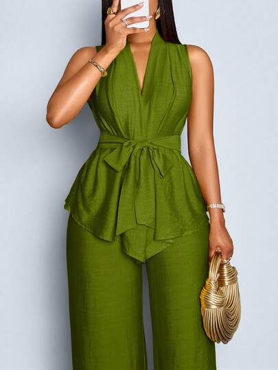 SOLERSUN Conjunto informal de 2 piezas de top sin mangas con nudo en la cintura y pantalones de unicolor para mujer de talla grande