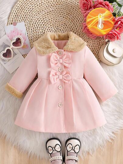 SHEIN Chaqueta de forro polar con cuello de piel sintética y decoración de lazo para niñas, otoño/invierno