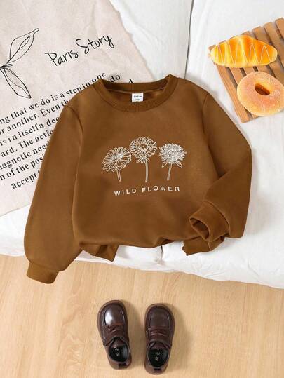 Sudadera de cuello redondo de manga larga con estampado floral minimalista para niña, sudadera marrón