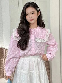 女童格子长袖梭织衬衫（秋季） - 粉色 - 查看 1