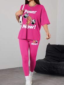 Gameset SHEIN Sport 时尚字母印花圆领 T 恤和长裤运动服健身女士套装女式紧身裤套装健身套装 - 玫紅色 - 查看 7