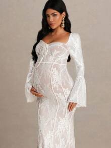 MaterniChic Autumn And Winter  Maternity Floral Lace Sweetheart Neck Flare Sleeve Fitted Mermaid Hem Elegant Dress - Dusty Pink - View 6