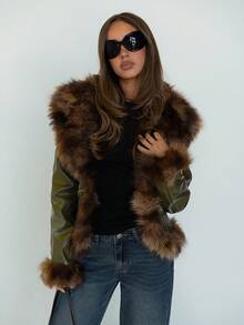 SHEIN ICON 女式秋冬保暖性感辣妹都市现代时尚前卫简约个性酷炫复古千禧风格 Y2K 拼接皮草大翻领修身绿蜡皮人造皮草大衣，秋季 - 綠色 - 查看 10