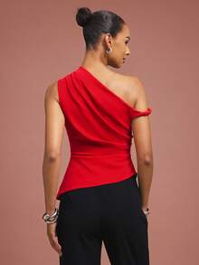 L'Amorae Women's Elegant Solid Color Asymmetric Top, Summer - Red - View 6