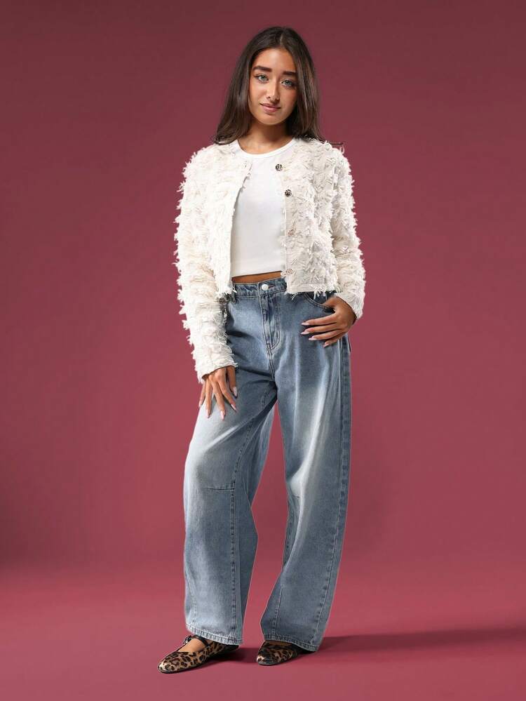 Textured Fringe Tweed Jacket With Crystal Buttons