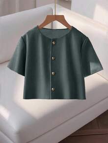 Franclia Blusa de mujer de cuello redondo, manga corta y abotonada de alta gama y moda - Gris Oscuro - Ver 3