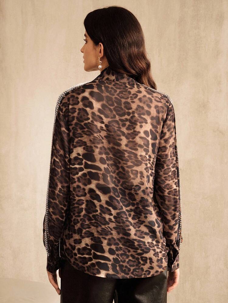 Autumn Urban Chic Sexy Leopard Print Long Sleeve Semi-Sheer Blouse With Bowknot Neck And Pearl Embroidery, Suitable For Fall, Winter, New Year, Elegant, Stylish