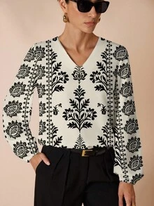 Glamance Áo kiểu nữ cổ chữ V phối họa tiết hoa mơ Shutterstock, phong cách thanh lịch, tối giản, phù hợp cho mặc hàng ngày, đi làm, đi chơi, văn phòng, du lịch mùa thu/đông. Áo kiểu tay phồng phong cách Pháp, áo kiểu tay đèn lồng, áo kiểu công sở nữ, bộ sưu tập thời trang sành điệu. - Nhiều màu - Xem 5