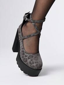 ROMWE Goth 女士封闭式交叉绑带玛丽珍鞋，朋克哥特摇滚风格，粗跟，绑带，日本JK制服，防水台，正式工作高跟鞋，万圣节 - 彩色 - 查看 3