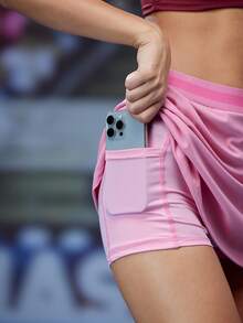 SHEIN Cheerettes Bộ đồ thể thao áo hở vai bo viền và quần váy có túi cho nữ - Hồng - Xem 5