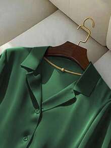 Franclia 女式休闲纯色绿色翻领短袖衬衫，夏季 - 綠色 - 查看 4