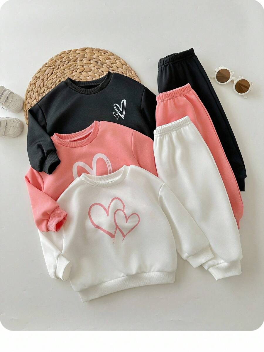 SHEIN 6pcs/Set Baby Girl Cute Letter Print Long Sleeve Sweatshirt & Elastic Waist Pants, Autumn/Winter Baby Clothes Girl Black White And Pink Baby Girl Sweat Set Toddler Girl Tracksuit Baby Casual Sets Girl Clothes Sets Fall