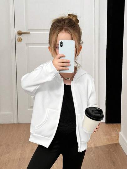 Easowa Ung Ung Flicka Ledig Avslappnad Minimalistisk Bekväm Vardag Streetwear Lös Passform Dragkedja Med Ficka Kort Dragkedja Med Långärmad Tröja, Vit Tillbaka Till Skolan Höst/Vinter