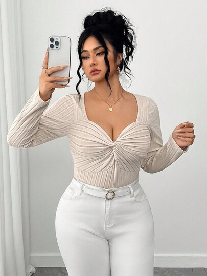 Elenzga Plus Twist Front Sweetheart Neck Tee