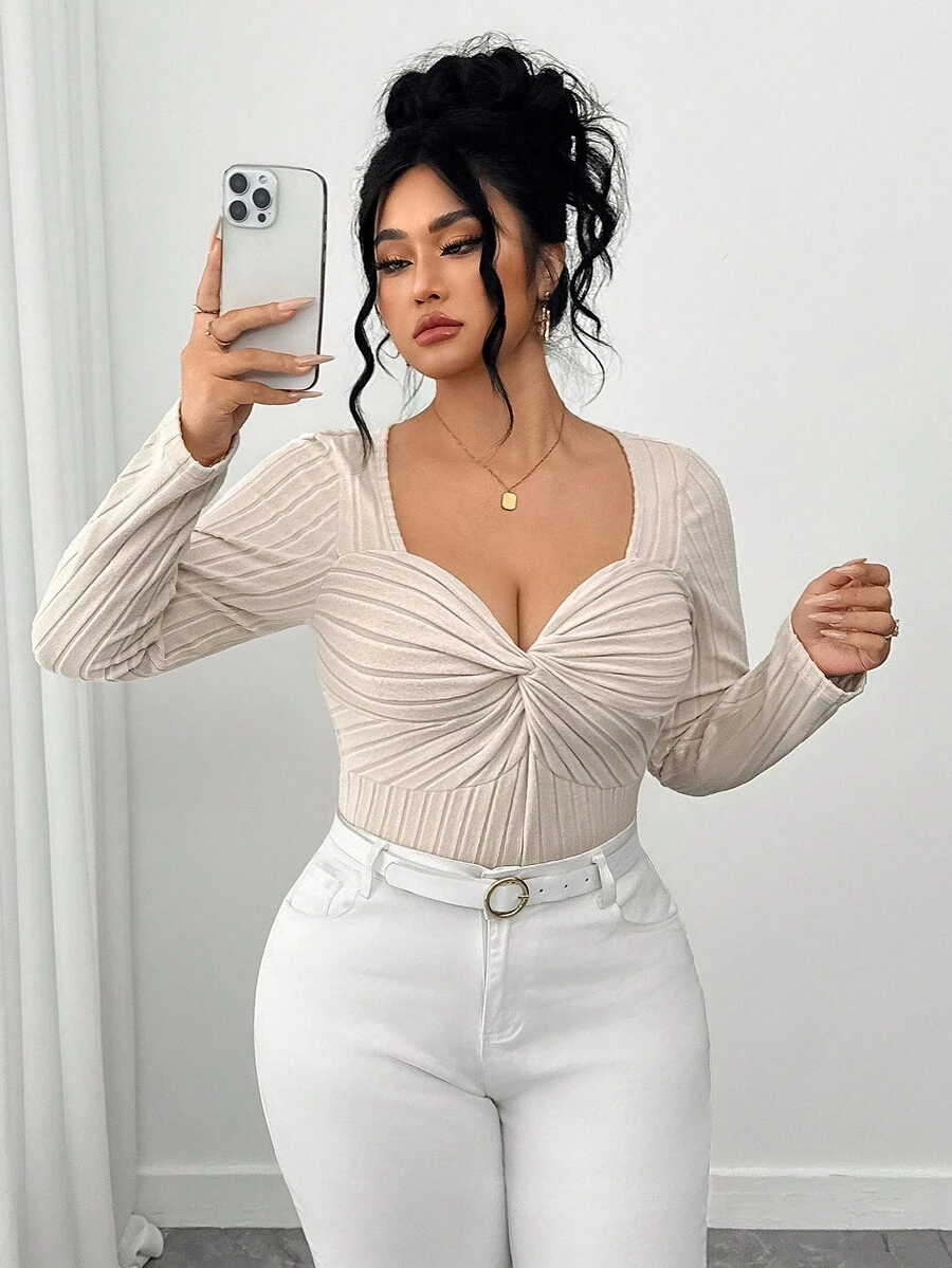 Elenzga Plus Twist Front Sweetheart Neck Tee - Beige - View 1