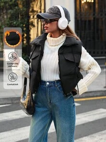 RueChic Gilet trapuntato con collo alto, laccio stringato al petto, tasche con patta e chiusura lampo - nero - Visualizzare 1