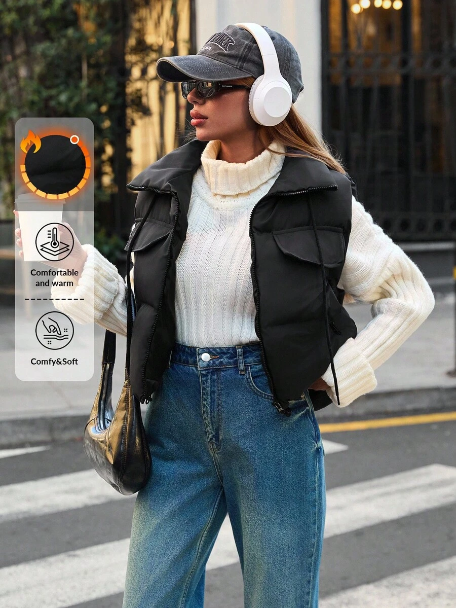 RueChic Gilet trapuntato con collo alto, laccio stringato al petto, tasche con patta e chiusura lampo - nero - Visualizzare 1