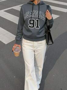 StreetHx Letter Graphic Drop Shoulder Drawstring Hoodie,Long Sleeve Tops Pullover Fall Outfit - Dark Grey - View 4