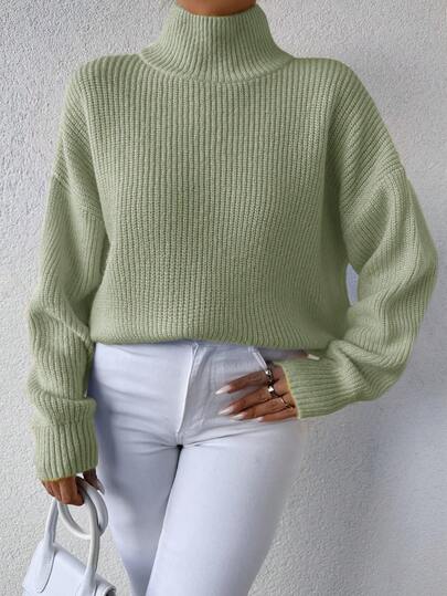 EURMUSE Women's Solid Color Stand Collar Drop Shoulder Long Sleeve Casual Loose Sweater, Autumn/Winter