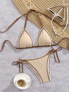 Bonvoyette Bộ 2 bikini nữ màu trắng, chất liệu vải dệt họa tiết hình vỏ sò, kiểu dáng đơn giản, thanh lịch, thích hợp cho mùa xuân/hè, đi biển, sân bay hoặc đi nghỉ mát. - Màu be - Xem 5