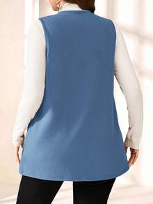 EMERY ROSE 大码纯色无袖宽松口袋简约休闲夹克，春夏，夏季服装，度假装女士/秋冬度假装 - 藍色 - 查看 2