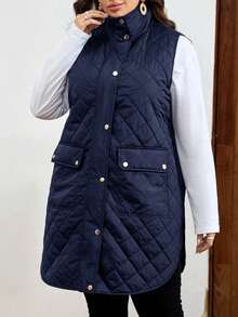 EMERY ROSE Plus Size Geometric Quilted Stand Collar Zip-Up Four-Button Patch Pocket Padded Coat Long Jacket For Women Autumn Winter Clothes For Women - Navy Blue - View 5