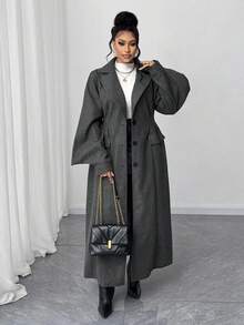 Maweii 加大码女式长款风衣，泡泡袖不对称袖外套，高腰时尚冬季外套 - 深灰色 - 查看 2