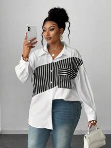Maweii Plus Size Women's Long Sleeve Striped Casual Blouse