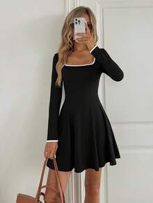 Easowa Square Neck Contrast Trim Long Sleeve Fitted Waist A-Line Flare Casual Relaxed Elegant Office Lady Vintage Mini Dress Black Mini Dress Long Sleeve Black Dress Black Dress Casual Black Dress Cute Black Dress Winter Dresses For Women Women's Winter Clothes