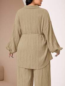 Veilorie Bộ 2 món áo sơ mi và quần dài tay cài nút phía trước cỡ lớn đơn giản - Màu Khaki - Xem 4