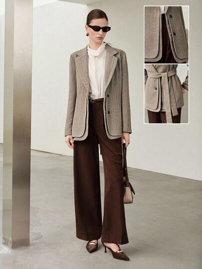  Uhlyne - Chaqueta blazer de lana con diseño de espiga en color marrón retro, diseño 2 en 1 con abertura, vestimenta minimalista de alta gama para oficina para mujer, otoño