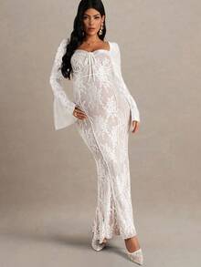 MaterniChic Autumn And Winter  Maternity Floral Lace Sweetheart Neck Flare Sleeve Fitted Mermaid Hem Elegant Dress - Dusty Pink - View 4