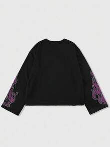 ROMWE MEN Street Life Men Black Oversized Long T-Shirt With Eye Cross Flame & Round Rhinestone Pattern, Streetwear For Casual Daily Wear, Fall - Black - View 2