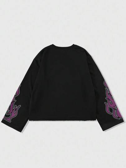 Street Life Men Black Oversized Long T-Shirt With Eye Cross Flame & Round Rhinestone Pattern, Streetwear For Casual Daily Wear, Fall