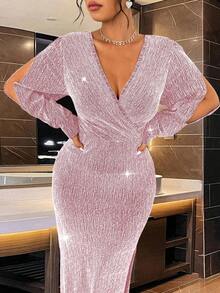 Cravure 闪亮水钻装饰腰部美人鱼连衣裙，优雅时尚，适合派对长款女装 - 粉色 - 查看 7