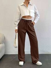 SHEIN Tall Colorblock Wide Leg Pants With Drawstring Wide Leg Sweatpants Brown Pants Flare Sweat Pants Straight Leg Pants Petite Wide Leg Pants - Rust Brown - View 3