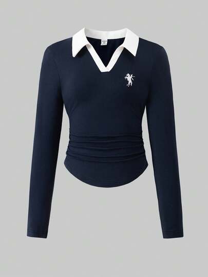 Camiseta casual de manga larga con cuello de color block y estampado de caballero para niñas preadolescentes