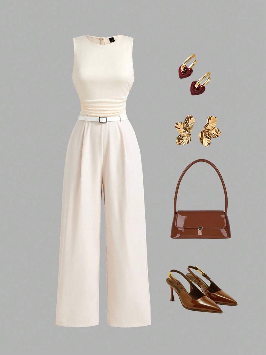 SHEIN MOD Women's Pleated Wide Leg Loose Jumpsuit (With Belt) - Apricot - View 1