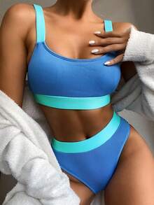 Swim Vcay Rib Colour Block Bikini Swimsuit - Blue - View 5
