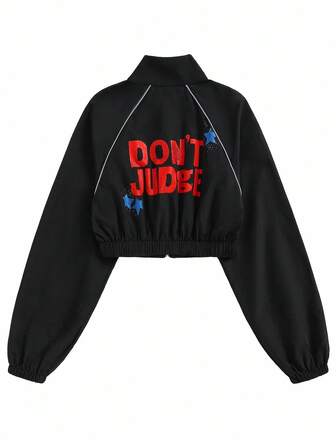 Babi Basques 女式字母和星星印花短款运动夹克，Y2K 风格，适合万圣节、秋冬户外跑步