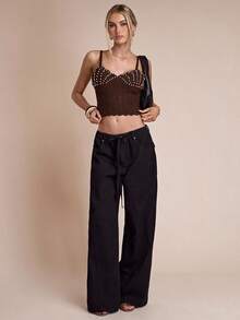 SHEIN BAE 秋冬女款仿珍珠吊带镂空短款针织上衣 - 咖啡棕 - 查看 7