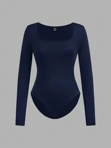 SHEIN EZwear 3pcs Women Square Neck Long Sleeve Tight Fit Bodysuit Set, Black, Navy Blue, White, Suitable For Autumn/Winter,Fall,Black Bodysuit - Multicolor - View 8