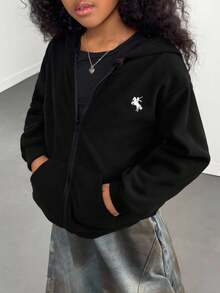 Embroidered Fleece Casual Fashionable Sweatshirt Jacket For Older Tween Girl Fall Winter - Black - View 7