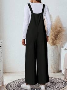 SHEIN LUNE 女士休闲黑色宽松连体裤，带口袋，适合秋季