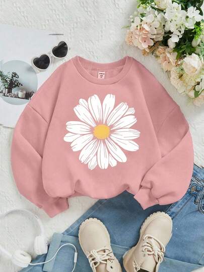 SHEIN Áo nỉ dệt kim dài tay dáng rộng thoải mái cho bé gái, phù hợp cho mùa thu/đông