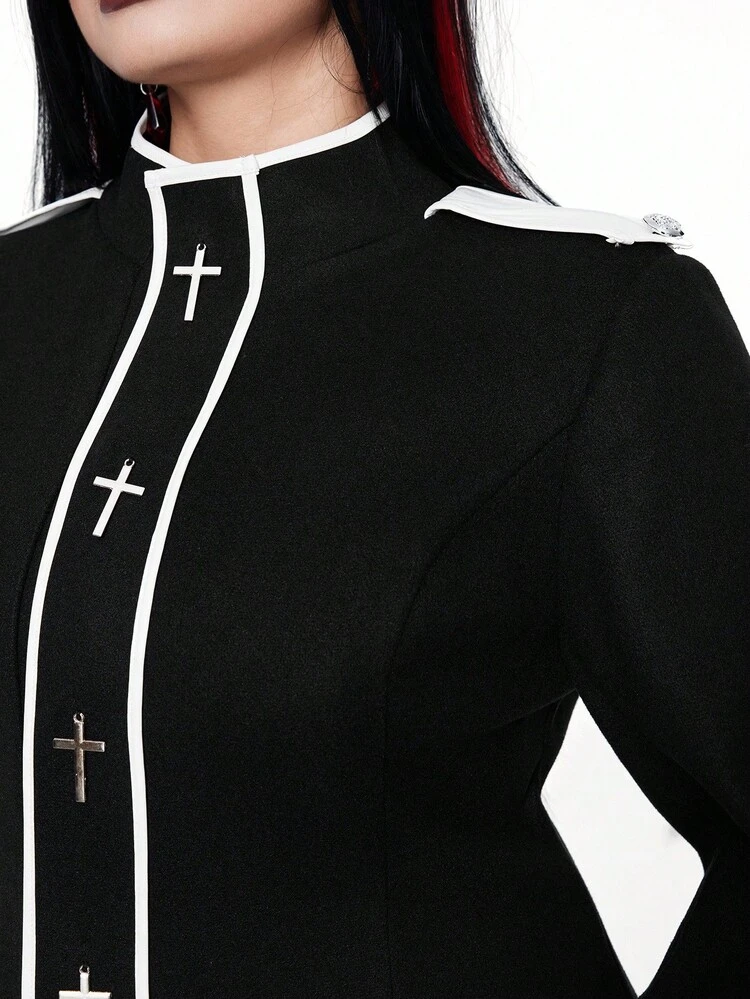 SHEIN Whyspr Casual Punk Plus Size Cross Decor Colorblock Punk Style Long Button Down Coat, Slimming Waist, Autumn/Winter - Black and White - View 4