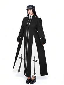 Whyspr 大码十字装饰拼色朋克风格长款纽扣羽绒服，修身腰部，秋冬 - 黑與白 - 查看 5