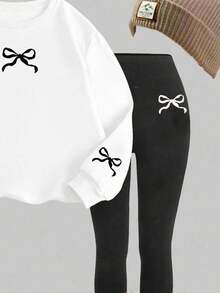 SHEIN Leap Crew Cute Mini Bow Print, Pink, Teen Girls Casual Long Sleeve Hoodie & Pants 2 Pieces Set, Suitable For Autumn/Winter Fall - Multicolor - View 3