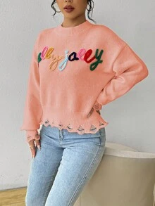 SHEIN LUNE Sweater Kasual Wanita dengan Bahu Longgar dan Kerah Bulat, Motif Huruf dan Grafis, Musim Gugur - Baby Pink - View 3